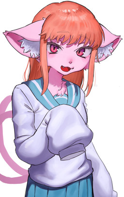 2_tails anthro asian_clothing bangs bottomwear clothing cute_fangs ears_down east_asian_clothing eyebrow_through_hair eyebrows fangs female fur hair inner_ear_fluff japanese_clothing japanese_school_uniform long_hair looking_at_viewer multi_tail open_mouth open_smile orange_hair oversized_clothing oversized_shirt oversized_sleeves oversized_topwear pink_body pink_eyes pink_fur pivoted_ears pupils school_uniform shirt side_bangs simple_background skirt slit_pupils smile solo standing tail teeth three-quarter_view topwear translucent translucent_hair tuft uniform white_background white_inner_ear_fluff eitirou12345 domestic_cat felid feline felis mammal half-length_portrait hi_res portrait