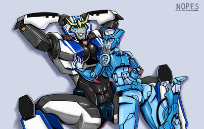 abs autobot blush breasts duo female female/female genitals grin hands_behind_head humanoid_on_humanoid larger_female larger_humanoid machine muscular muscular_female not_furry size_difference smaller_female smaller_humanoid smile spread_legs spreading vulva nopes hasbro takara_tomy transformers chromia strongarm_(character) cybertronian humanoid robot robot_humanoid 2015