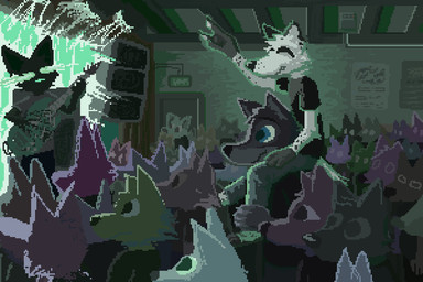 anthro black_body black_clothing black_fur black_shirt black_t-shirt black_topwear clothing concert electric_guitar fur group guitar holding_guitar holding_musical_instrument holding_object male musical_instrument plucked_string_instrument shirt sitting_on_shoulders size_difference smile string_instrument t-shirt topwear white_body white_fur demensa clint_(clintowolfo) canid canine canis domestic_cat felid feline felis fox mammal wolf 2020 3:2 digital_media_(artwork) pixel_(artwork)