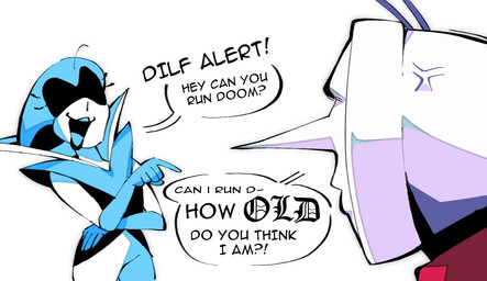 cross-popping_vein dialogue duo electronics female for_a_head humor lips male not_furry open_mouth pointy_nose screen screen_face smile speech_bubble television text swagamicchi deltarune doom_(series) id_software it_runs_doom_(meme) microsoft undertale_(series) queen_(deltarune) tenna_(deltarune) darkner humanoid object_head screen_head tv_head english_text