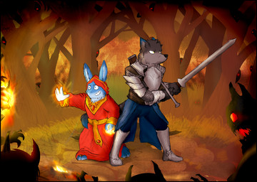 anthro armor battle biped clearing clothed clothing detailed_background duo_focus elemental_manipulation fight fire fire_manipulation forest fully_clothed group in_tree magic magic_user melee_weapon plant plate_armor robe shadow spell standing surrounded sword tree weapon pankallisti canid canine demon fox lagomorph leporid mammal monster rabbit 2017 digital_media_(artwork) full-length_portrait portrait