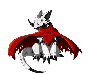 black_horn cape clothing feral horn metallic_body sitting solo white_body yellow_eyes phunter15 bandai_namco digimon mythology digimon_(species) dragon hackmon mythological_creature mythological_scalie scalie hi_res