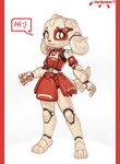 anthro eyelashes female looking_at_viewer machine red_eyes scouter simple_background smile solo speech_bubble standing text thin_calves thin_legs thin_thighs white_background white_sclera lordyanyu target_corporation spot_(jayrnski) bird_dog canid canine canis domestic_dog hunting_dog mammal robot robot_anthro spaniel 2024 digital_media_(artwork) english_text full-length_portrait hi_res portrait