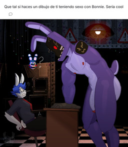 anthro big_butt big_penis butt clothing duo eyewear genitals glasses imminent_sex machine male male/male missing_arm muscular nude penis size_difference text uniform bigbustb five_nights_at_freddy's five_nights_at_freddy's_2 scottgames bloo_(bigbustb) bonnie_(fnaf) toy_bonnie_(fnaf) withered_bonnie_(fnaf) animatronic humanoid lagomorph leporid mammal rabbit robot absurd_res hi_res translation_request