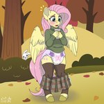 angel_(mlp) anthro autumn autumn_leaves blush bottomwear clean_diaper clothed clothes_falling_off clothing coffee_cup container cup diaper embarrassed equid equine feathered_wings feathers female fluttershy_(mlp) friendship_is_magic hasbro hi_res leggings legwear mammal my_little_pony mythological_creature mythological_equine mythology nature nature_background pattern_diaper pegasus plant scheming shrub skirt solo standing stargal_galexi surprised_face sweater topwear tree wearing_diaper wetness_indicator wings