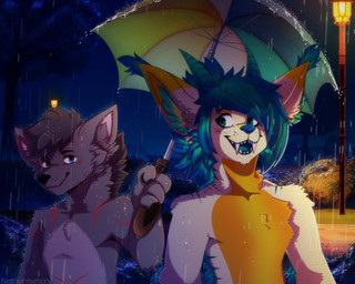 anthro duo female male male/female raining romantic romantic_couple umbrella nethermation karex zoey_ferox canid canine canis hoksho mammal wolf 5:4 hi_res