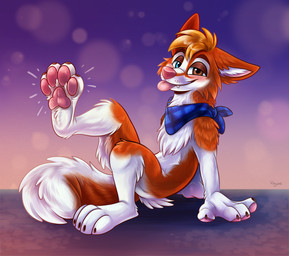 4_toes anthro arm_support backward_arm_support bent_legs black_claws blue_eyes blue_kerchief blue_neckerchief brown_eyebrows brown_eyelids brown_eyes claws countershade_tail countershade_torso countershading eyebrows facial_markings feet finger_claws fingerpads fur head_markings head_tuft heterochromia kerchief kerchief_only looking_at_viewer male male_anthro markings mostly_nude neckerchief neckerchief_only neckwear on_ground orange_body orange_fur pattern_kerchief pattern_neckerchief pawpads paws pink_nose pointy_ears prick_ears raised_foot smile solo tail toe_claws toes tongue tongue_out tuft whisker_spots white_body white_countershading white_fur white_inner_ear waywardmutt jessehusky canid canine canis domestic_dog husky mammal nordic_sled_dog spitz 2021 digital_media_(artwork) hi_res signature