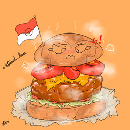 burger cross-popping_vein female flag flag_(object) food food_transformation simple_background solo steaming transformation muzztang nintendo pokemon food_creature gardevoir generation_3_pokemon pokemon_(species) digital_media_(artwork)