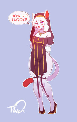 anthro biped blue_background breasts clothed clothing cross cross_necklace dialogue eyebrows eyelashes facial_markings female fingers footwear fur habit hair half-closed_eyes head_markings high_heels jewelry knock-kneed legwear looking_at_viewer markings narrowed_eyes necklace nun open_mouth outline purple_hair shoes simple_background skindentation smile solo speech_bubble standing stockings text thick_thighs thigh_highs white_body white_fur white_hair white_outline thiccwithaq domestic_cat felid feline felis mammal 2019 digital_media_(artwork) english_text