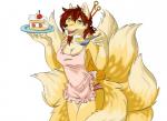 5_fingers amber_eyes anthro apron breasts brown_hair brown_nose cake cleavage clothed clothing dessert dipstick_tail eyebrows female fingers food fur hair looking_at_viewer markings multi_tail multicolored_tail open_mouth plate simple_background solo tail tail_markings two_tone_tail white_background yellow_body yellow_fur rinkai kenzi_ukigumo canid canine fox mammal 2013 digital_media_(artwork)