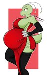 anthro bedroom_eyes big_breasts breasts clothed clothing dress female green_body looking_at_viewer narrowed_eyes pose pregnant pregnant_anthro pregnant_female seductive solo tail thick_thighs tight_clothing yellow_eyes dima_(artist) nintendo pokemon magnolia_(n4ckl3) generation_2_pokemon meganium pokemon_(species) absurd_res colored hi_res