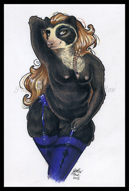 anthro arm_tuft belly big_breasts biped black_body black_border black_fur black_markings black_vulva border braided_hair breasts brown_body brown_eyes brown_fur brown_hair brown_nipples brown_nose chest_tuft clothing colored_nails elbow_tuft eye_markings eyebrows eyelashes facial_markings female front_view fupa fur fur_tuft garter_belt garter_straps genitals hair hand_behind_head hand_on_hip head_markings humanoid_hands legwear long_hair looking_aside looking_away markings mask_(marking) mostly_nude multicolored_body multicolored_fur muzzle_(marking) nails nipples nude overweight overweight_anthro overweight_female pose raised_arm simple_background smile snout snout_markings solo standing tan_body tan_fur tan_markings thick_thighs thigh_highs tuft vulva white_background white_nails ladyducky bear mammal short-faced_bear spectacled_bear 2015 pinup signature traditional_media_(artwork) watermark