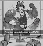 anthro balls biceps big_balls big_muscles big_pecs big_penis bodily_fluids butt clothing erection fur genital_fluids genitals growth growth_lines huge_balls huge_muscles huge_penis humanoid_genitalia humanoid_penis long_penis male muscle_growth muscular muscular_anthro muscular_male musk musk_clouds nipples nude pecs penis solo sweat text transformation dark_wolf canid canine canis mammal wolf digital_drawing_(artwork) digital_media_(artwork) english_text hi_res monochrome