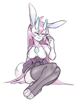 anthro biped blue_horn blue_nipples blush breasts chest_gem clothed clothing ear_piercing eyes_closed female fluffy fluffy_tail gem hair horn inverted_nipples long_ears long_hair medium_breasts mole_on_cheek nipples paws piercing pink_body pink_hair simple_background sitting sitting_on_ground smile solo tail toeless_thigh_highs topless topless_female proxicute hybrid lagomorph leporid mammal rabbit 2019 hi_res