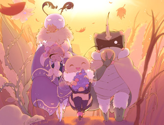 ambiguous_gender antennae_(anatomy) anthro arthropod_abdomen berry black_body blue_body bow_ribbon clothed clothing day detailed_background dusk eyes_closed fingers food fruit fur golden_hour green_body group holding_another holding_berry holding_food holding_fruit holding_object horn leaf musical_note musical_symbol neck_tuft open_mouth open_smile outside plant smile sparkles symbol tuft walking white_body white_fur wings yellow_body patholurk bug_fables moonsprout_games chompy_(bug_fables) kabbu_(bug_fables) leif_(bug_fables) vi_(bug_fables) arthropod bee beetle elemental_creature flora_fauna hymenopteran insect lepidopteran moth 2025 hi_res signature female_(lore) male_(lore)