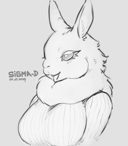 anthro big_breasts blush blush_lines breasts clothed clothed_anthro clothed_female clothing dewlap_(anatomy) eyelashes female fluffy fur fur_tuft neck_tuft open_mouth open_smile smile solo sweater text thick_eyelashes three-quarter_view topwear tuft sigma-d lagomorph leporid mammal rabbit 2024 artist_name dated digital_drawing_(artwork) digital_media_(artwork) greyscale half-length_portrait hi_res monochrome portrait