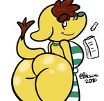 anthro apron apron_only big_breasts big_butt breasts brown_hair butt clothed clothing female glistening glistening_body hair mostly_nude notebook pencil_(object) presenting presenting_hindquarters raised_tail slightly_chubby slightly_chubby_female smile smirk solo tail thick_thighs trunk writing_utensil yellow_body pokesiimii animal_crossing nintendo eloise_(animal_crossing) 2021