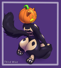 anthro big_butt black_body black_fur bone butt female fluffy fluffy_tail for_a_head fur pumpkin_head skeleton solo tail text thick_thighs thirdmint epic_games fortnite spice_(fortnite) domestic_cat felid feline felis mammal object_head absurd_res english_text hi_res