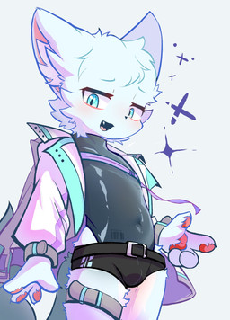 4_fingers anthro belt biped black_belt black_bodysuit black_clothing black_leotard black_nose black_skinsuit black_underwear blue_eyes blush bodysuit bulge claws clothed clothed_anthro clothed_male clothing cute_fangs fangs finger_claws fingerpads fingers fully_clothed fully_clothed_anthro fully_clothed_male fur half-closed_eyes jacket kemono latex latex_clothing latex_leotard leotard looking_at_viewer low-angle_view male male_anthro narrowed_eyes navel_outline open_clothing open_jacket open_mouth open_topwear pawpads seductive simple_background skimpy skinsuit slim slim_anthro slim_male solo sparkles standing teeth tight_clothing topwear underwear white_background white_body white_clothing white_fur white_jacket white_topwear young young_anthro young_male dogeamyy_miru felid feline mammal digital_drawing_(artwork) digital_media_(artwork) hi_res portrait three-quarter_portrait