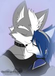 accessory anthro blue_body blue_fur blue_hair clothing collar duo eyebrows eyes_closed female fur grey_body grey_fur hair hair_accessory hug inner_ear_fluff male smile suit tuft white_hair blackwingedheart87 nintendo star_fox krystal_(star_fox) wolf_o'donnell canid canine canis fox mammal wolf 2010 hi_res