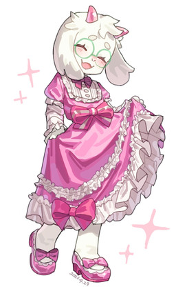 2_horns anthro blush clothed clothed_male clothing crossdressing dress eyes_closed eyewear femboy floppy_ears footwear frilly frilly_clothing frilly_dress fully_clothed fully_clothed_male fur glasses green_eyewear green_glasses horn lop_ears male pink_clothing pink_dress pink_footwear pink_horn pink_ribbon pink_shoes shoes simple_background solo white_background white_body white_fur young young_anthro young_male posui0_0 deltarune undertale_(series) ralsei bovid caprine goat mammal 2026 hi_res
