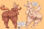 anthro big_breasts big_butt blush breasts butt butt_slap clothed clothing female genitals group huge_butt male pussy slap slapping_own_butt slapping_self text trio kryadrawgin aggretsuko sanrio director_ton fenneko retsuko ailurid canid canine domestic_pig fennec_fox fox mammal red_panda suid suina sus_(pig) true_fox absurd_res english_text hi_res