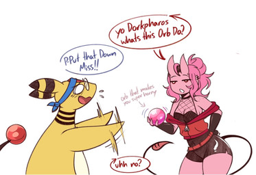 anthro clothed clothed_female clothing dialogue duo eyewear eyewear_only female female_humanoid freckled_shoulders freckles fur glasses glasses_only hair horn male male_anthro motion_lines nude orb pink_body pink_hair pink_skin red_eyes speech_bubble tail wearing_glasses yellow_body yellow_fur giidenuts nintendo pokemon carrie_(giidenuts) ampharos demon demon_humanoid generation_2_pokemon horned_humanoid humanoid pokemon_(species)