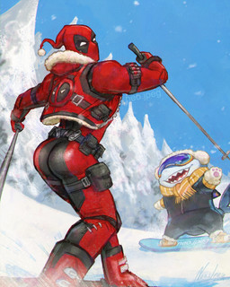 anthro bodysuit butt clothing duo earmuffs eyewear goggles jacket male scarf skiing skinsuit snow snowboard superhero tight_clothing topwear neo_jpeg marvel marvel_rivals deadpool jeff_the_land_shark fish humanoid marine shark absurd_res hi_res