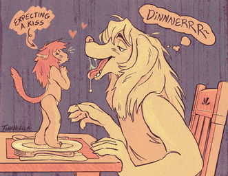 ambiguous/ambiguous ambiguous_gender anthro bedroom_eyes blush blush_lines bodily_fluids chair claws clothed clothing cutlery dripping drooling duo eyes_closed fluffy fluffy_tail fork furniture hair heart_symbol imminent_oral_vore imminent_vore inside kitchen_utensils larger_pred long_ears long_hair narrowed_eyes on_plate open_mouth partially_clothed plate puckered_lips reaching saliva saliva_drip saliva_on_tongue saliva_string seductive shirt size_difference spoon table tail tank_top teeth text thought_bubble tongue tools topwear underwear tunanebula afghan_hound canid canine canis domestic_cat domestic_dog felid feline felis hunting_dog mammal sighthound absurd_res digital_media_(artwork) english_text hatching_(art) hi_res shaded