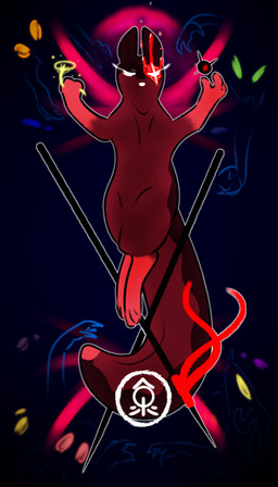 ambiguous_gender blood bodily_fluids bomb claws disembodied_eyes explosives eyes_closed feral floating glowing_flower karma_flower melee_weapon outline plant polearm red_body red_ribbon scar simple_background solo solo_focus spear symbol weapon kayw2324 rain_world videocult artificer_(rain_world) scavenger_(rain_world) slugcat 4:7 absurd_res concept_art hi_res