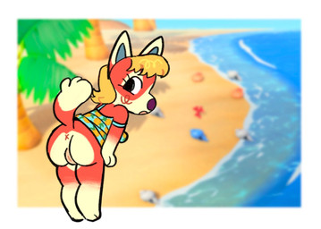 anthro blonde_hair border bottomwear butt chibi clothing dress female fluffy food_print fruit_print fur genitals hair nude pineapple_print plant_print presenting presenting_hindquarters raised_tail scenery solo tail tail_fluff teal_clothing teal_dress vulva white_border peachy_bat animal_crossing nintendo audie_(animal_crossing) canid canine canis mammal red_wolf wolf 2023