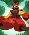 anthro balls belt bloodshot_eyes bottle clothing colored_outline container detailed_background genitals gloves half_naked handwear leaf looking_at_viewer looking_down looking_down_at_viewer male mittens open_mouth penis penis_on_balls potion potion_bottle red_balls red_body red_clothing red_gloves red_handwear red_mittens red_penis sewn_mouth solo spread_legs spreading standing stilts stitch_(sewing) suit surprised surprised_expression surprised_face vein veiny_penis yellow_clothing yellow_suit vorechestra rayman_(series) ubisoft hoodlum_(rayman) lum_(rayman) stumbleboom_(rayman) 5:6 hi_res
