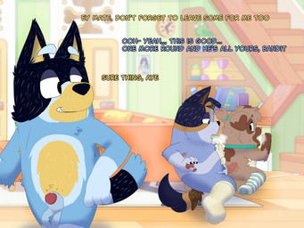 animal_genitalia balls bluey_oc bodily_fluids canine_genitalia clothing collar collar_only cum cum_drip cum_inside cum_on_penis dialogue dripping footwear fur genital_fluids genitals humanoid_genitalia male male/male male_penetrating nude on_model penetration penis sheath socks striped_body striped_fur stripes ichirotc bluey_(series) bandit_heeler stripe_heeler canid canine mammal 4:3 absurd_res hi_res