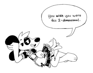 3_fingers 3_toes ambiguous_gender anthro black_body black_ears black_fur black_nose black_text clothing collar collar_tag dialogue eye_spots feet fingers floppy_ears fur head_tuft looking_at_viewer lying maid_uniform multicolored_body multicolored_fur on_side open_mouth simple_background solo speech_bubble tail tail_motion tailwag teeth text toes tuft uniform white_background white_body white_fur cocadope coca_(cocadope) canid canine canis domestic_dog mammal 2025 absurd_res black_and_white english_text hi_res monochrome male_(lore)