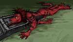 anthro aroused blood blood_from_mouth blood_in_mouth bodily_fluids corpse cum death death_erection decapitation genital_fluids gore gore_focus lying male male_death mechanism mouse_trap orgasm pain solo trap_(contrivance) uncertain_goregasm kolkolukija furx_(character) lizard reptile scalie