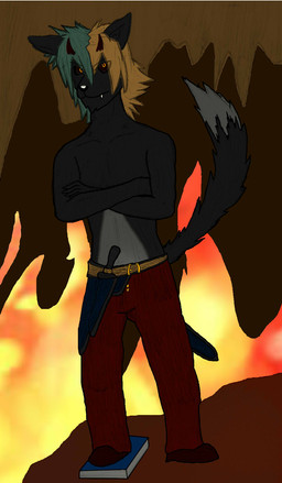 anthro belt biped black_body black_fur black_sclera book clothed clothing crossed_arms dipstick_tail footwear front_view fur grey_body grey_fur hair hell horn knife lava lost_souls male markings multicolored_hair multicolored_tail orange_eyes raised_tail scabbard sheathed_weapon shoes solo storm tail tail_markings topless captainspadevatore arashi_akuma_(character) canid canine canis demon mammal wolf hi_res