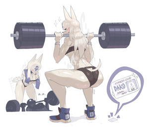 abs ambiguous_gender anthro barbell bench_press bent_over biceps bodily_fluids breasts butt clothing crouching duo exercise female footwear fur gym hair id_card long_hair lying muscular muscular_anthro muscular_female on_back open_mouth pecs rear_view shoes simple_background smile sweat tail tail_motion tailwag tears teeth text topwear weightlifting weights white_body white_fur white_hair workout workout_clothing nanokindred dako_(nanokindred) canid canine canis human jackal mammal absurd_res digital_media_(artwork) english_text hi_res