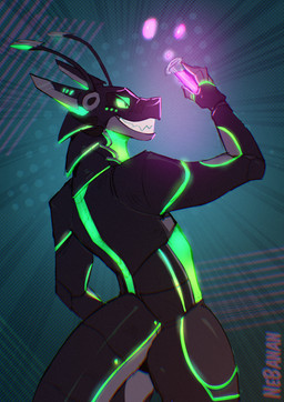 antennae_(anatomy) anthro black_body ear_fins fin glowing glowing_body green_eyes green_highlights highlights_(coloring) holding_object laboratory_equipment laboratory_glassware male metallic_body scientific_instrument smile solo teeth test_tube visor_eyes nebanan synth_(vader-san) hi_res