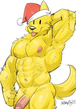 abs anthro biped blep bodily_fluids christmas_clothing christmas_headwear clothing dot_eyes genitals hat headgear headwear holidays humanoid_genitalia humanoid_penis male male_anthro muscular muscular_anthro muscular_male nipples pecs penis pink_nipples pink_penis santa_hat simple_background simple_eyes solo sweat tongue tongue_out white_background yellow_eyes yellowdog christmas canid canine canis domestic_dog mammal 2025 absurd_res digital_media_(artwork) hi_res