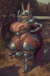 2021 absurd_res anthro areola areola_slip armor big_breasts big_butt bikini_armor blue_eyes boots bottomwear breastplate breasts brown_nose butt cleavage clothed clothing curvy_figure detailed_background digital_media_(artwork) digital_painting_(artwork) female footwear furgonomics gloves grass hand_on_hip handwear headgear helmet hi_res holding_melee_weapon holding_object holding_sword holding_weapon huge_breasts huge_butt huge_hips lagomorph leporid loincloth looking_at_viewer mammal may_(garuda_six) melee_weapon nipple_slip nipples outside patacon pauldron plant plate_armor rabbit slightly_chubby solo standing sword thick_thighs tree unconvincing_armor voluptuous weapon wide_hips
