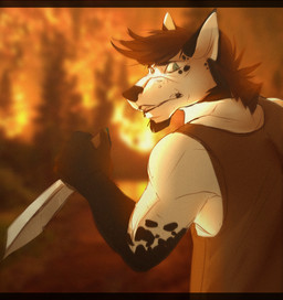 anthro clothed clothing dagger looking_back male melee_weapon outside solo teeth weapon l-i-t-t-l-e_f-i-r-e canid canine mammal