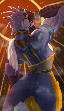 anthro beak biceps blue_body blue_fur fur male muscular muscular_anthro muscular_male ring solo standing towel wet hiromoru avian bird falcon falconid digital_drawing_(artwork) digital_media_(artwork) hi_res