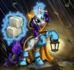 blue_eyes boots box clothing coat container day female footwear glowing hair horn lamp lantern levitation magic purple_hair raining shoes solo storm topwear harwick friendship_is_magic hasbro my_little_pony mythology rarity_(mlp) equid equine mammal mythological_creature mythological_equine unicorn 2017 hi_res