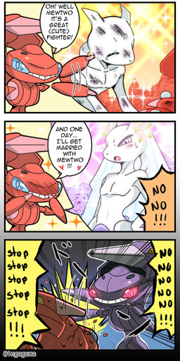 ambiguous_gender anthro blush blush_lines bodily_fluids cracks dialogue duo flower group hitting_head infatuation marriage_proposal metallic_body motion_lines plant purple_eyes red_body speech_bubble sweat sweatdrop text wedding_veil white_body ingoguma nintendo pokemon generation_1_pokemon generation_5_pokemon genesect legendary_pokemon mewtwo pokemon_(species) shiny_pokemon comic english_text signature