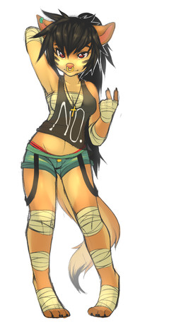 anthro bandage chest_wraps clothed clothing cross cross_necklace facial_piercing female gesture hand_gesture jewelry looking_at_viewer necklace nose_piercing nose_ring piercing red_eyes ring_piercing septum_piercing skimpy solo v_sign wraps fayleh waitress_(artist) canid canine canis dingo mammal digital_media_(artwork)