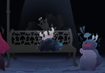 after_sex anthro balls bench big_penis black_body blush bodily_fluids cloak clothing female genitals grey_body group horn male penis simple_background sitting soul_leaving_body standing steam sweat trio white_background shinolara hollow_knight_(franchise) team_cherry bretta_(hollow_knight) hornet_(hollow_knight) the_knight_(hollow_knight) arthropod beetle ghost insect spirit