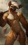 abs anthro balls brown_balls brown_eyes brown_penis brown_spots detailed_background erection foreskin fur genitals hair humanoid_genitalia humanoid_penis key looking_at_viewer male male_anthro muscular muscular_anthro muscular_male nipples nude orange_body orange_fur partially_retracted_foreskin pecs penis pubes smile solo spots spotted_arms spotted_legs tan_body tan_fur tan_hair tongue tongue_out weapon weapon_on_shoulder chunie gnoll hyena mammal spotted_hyena 2023 adobe_photoshop_(artwork) digital_media_(artwork) digital_painting_(artwork) hi_res