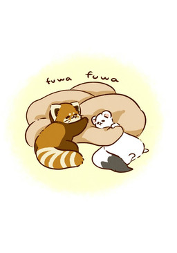 ambiguous_gender bedding biped blanket brown_body brown_fur chibi duo eyes_closed feral fur lying orange_body orange_fur simple_background text white_body white_fur shi_nominmin ailurid mammal mustelid musteline red_panda stoat true_musteline weasel 2019