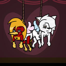 anthro beak blush blush_lines clean_diaper clothed clothing diaper diaper_only duo embarrassed fake_wings feathers fur hair heart_symbol long_hair long_tail male red_body red_feathers rope stage_curtains stage_light suspension tail topless unimpressed wearing_diaper white_body white_fur yellow_beak yellow_body yellow_feathers young gamebird_(artist) cupid glori_gamebird matachu_(character) avian bird canid canine canis domestic_dog galliform golden_pheasant mammal nordic_sled_dog phasianid pheasant samoyed spitz 1:1 absurd_res hi_res