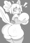 anthro armwear big_breasts big_butt blush blush_lines breast_squish breasts butt clothing covering covering_breasts elbow_gloves external_gills female freckled_breasts freckled_butt freckled_shoulders freckles gills gloves grey_background hair handwear huge_breasts huge_butt legwear long_tail looking_at_viewer looking_back looking_back_at_viewer nude rear_view short_hair simple_background squish tail text thick_thighs thigh_highs rollerlane vitzy_(vitzypie) amphibian axolotl marine mole_salamander salamander artist_name greyscale hi_res monochrome signature